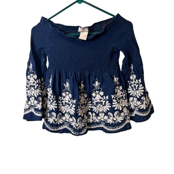 Flying Tomato Womens Navy Blue Off-Shoulder Smocked Top White Embroidery small - Picture 1 of 4